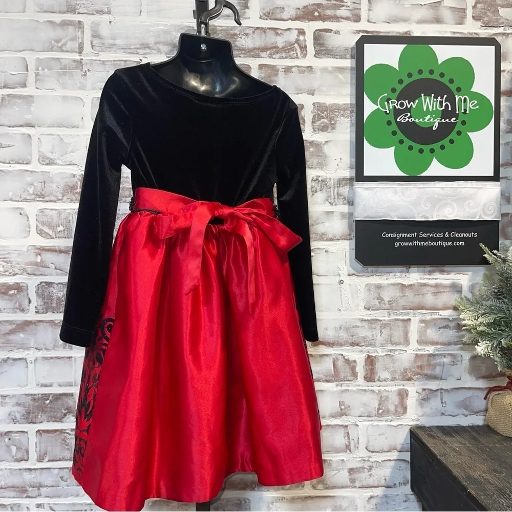 Rare editions Black and Red Velvet Dress with embellished Skirt 2T